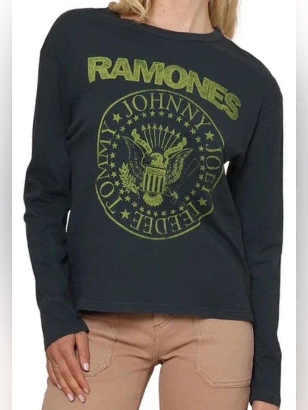 Daydreamer Black Long Sleeve Ramones Graphic Tee with Neon Green Print